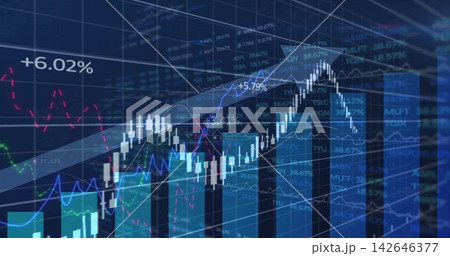 Displaying white candlestick chart with blue volume bars and colored dashed lines on trading screen 142646377