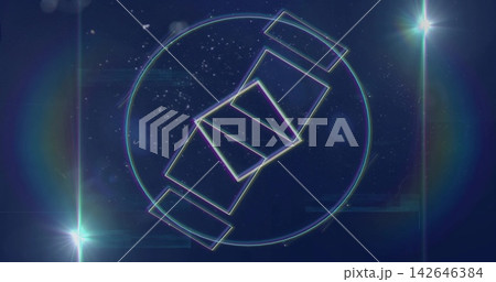 Glowing emblem hovering at center in digital backdrop, with neon ring, five panels, starbursts 142646384