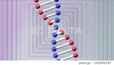 Twisting double-helix floating in 3D tunnel, showing white rods, blue red spheres, panels Twisting double-helix floating in 3D tunnel, showing white rods, blue red spheres, panels 142646387