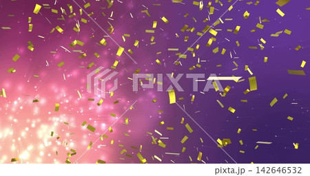 Shimmering metallic rectangular confetti drifting across purple-to-pink backdrop, with light burst 142646532