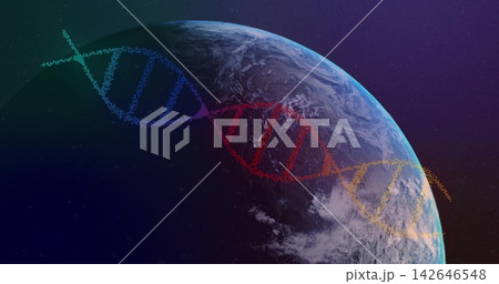 Arcing multicolored DNA helix crossing partial Earth in orbit, showing cloud bands and limb 142646548
