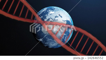 Orbiting planet Earth showing lands, clouds and blue oceans in dark starfield with red DNA helix 142646552