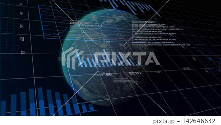 Displaying rendered Earth globe overlaying 3D grid in dashboard, with bar charts and line graphs Displaying rendered Earth globe overlaying 3D grid in dashboard, with bar charts and line graphs 142646632