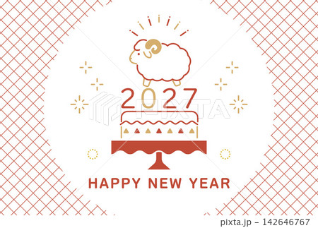 羊と2027年ケーキの年賀状イラスト ハッピーニューイヤー背景素材 3:2 羊と2027年ケーキの年賀状イラスト ハッピーニューイヤー背景素材 3:2 142646767
