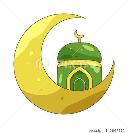 Illustration of mosque and crescent moon 142647311