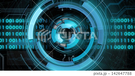 Central HUD receiving pulse, rotating rings and streaming binary, displaying tech status Central HUD receiving pulse, rotating rings and streaming binary, displaying tech status 142647788