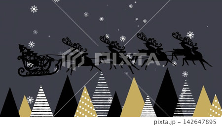 Soaring sleigh carrying Santa wearing long coat, pointed hat at night, reins held by five reindeer Soaring sleigh carrying Santa wearing long coat, pointed hat at night, reins held by five reindeer 142647895