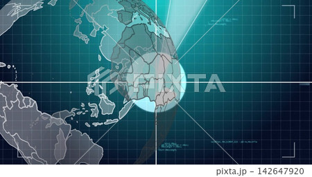 Rotating translucent globe projection showing Africa coastlines on nav dashboard with crosshair Rotating translucent globe projection showing Africa coastlines on nav dashboard with crosshair 142647920