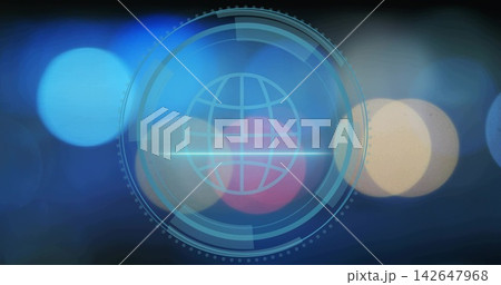 Displaying translucent circular cyan HUD centered over digital bokeh, showing globe-grid and rings 142647968