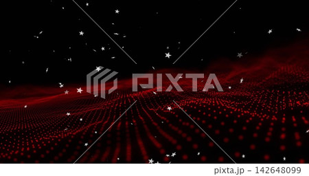 Rippling glowing red dotted grid receding toward dark horizon, scattering white star particles 142648099