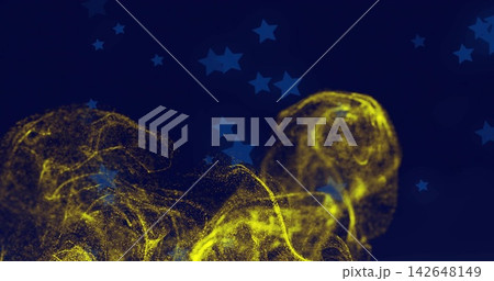 Flowing luminous yellow particle cloud curling across digital navy backdrop, with blue star shapes 142648149