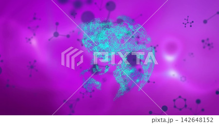 Glowing cyan wireframe globe forming in virtual space, showing connected nodes and magenta backdrop Glowing cyan wireframe globe forming in virtual space, showing connected nodes and magenta backdrop 142648152