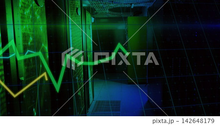 Glowing server rack row revealing LEDs in data center corridor, showing analytics overlay 142648179