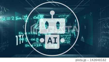 Displaying stylized robot icon labeled AI glowing inside ring in virtual hall, projecting cyan math Displaying stylized robot icon labeled AI glowing inside ring in virtual hall, projecting cyan math 142648182