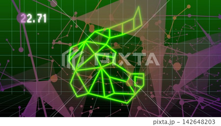 Displaying neon green wireframe shape occupying center in dashboard with grid floor and 22 Displaying neon green wireframe shape occupying center in dashboard with grid floor and 22 142648203