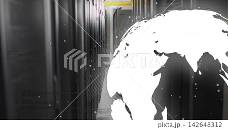 Displaying white globe overlay occupying right side of server aisle with racks, LEDs, yellow cable 142648312
