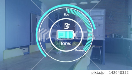 Displaying circular battery HUD showing blue 100% in modern kitchen, with wooden table Displaying circular battery HUD showing blue 100% in modern kitchen, with wooden table 142648332