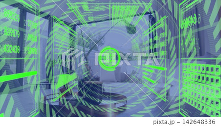 Hovering neon-green circular HUD projecting numeric panels over daybed, glass wall, terrace plants Hovering neon-green circular HUD projecting numeric panels over daybed, glass wall, terrace plants 142648336