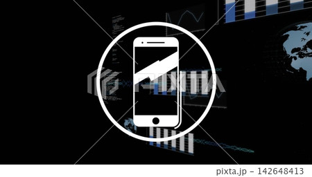 Featuring white phone icon floating on tech UI, showing circle, diagonal stripe, charts and code Featuring white phone icon floating on tech UI, showing circle, diagonal stripe, charts and code 142648413