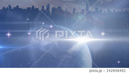 Glowing Earthlike planet dominating space cityscape showing skyline, lens flare, hand-heart, stars 142648481