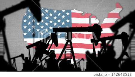 Showing oil pumpjack cluster with vertical ladder casting silhouettes against U 142648518