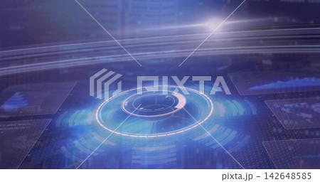 Rotating central circular HUD hovering on virtual dashboard, showing segmented arc and panels Rotating central circular HUD hovering on virtual dashboard, showing segmented arc and panels 142648585