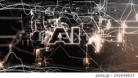 Glowing stylized AI typography occupying center of digital space, with network nodes and wireframes Glowing stylized AI typography occupying center of digital space, with network nodes and wireframes 142648633