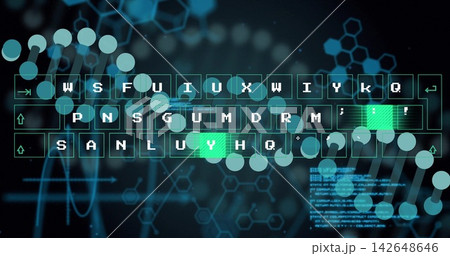 Showing outlined keyboard centered in virtual UI, highlighting teal keys, touch nodes, hex mesh 142648646