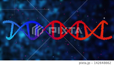 Vertical video: Glowing DNA helix unfolding after particle burst across navy bokeh, with circuits 142648662