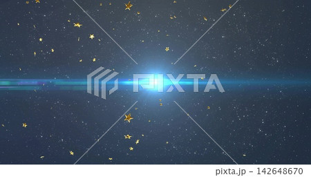 Radiating bright blue core star casting horizontal lens flare across deep space, with golden stars 142648670
