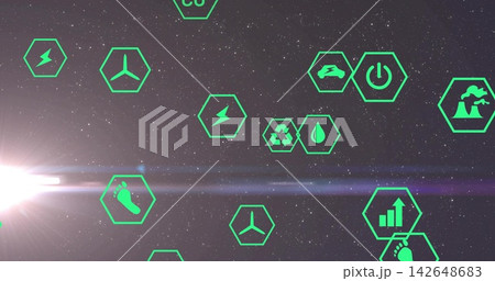 Floating neon green energy hex icons centering on starfield, lens flare left, dim horizontal streak 142648683