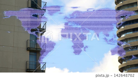 Showing purple world map glitching across sky between towers, with beige building and curved tower Showing purple world map glitching across sky between towers, with beige building and curved tower 142648702