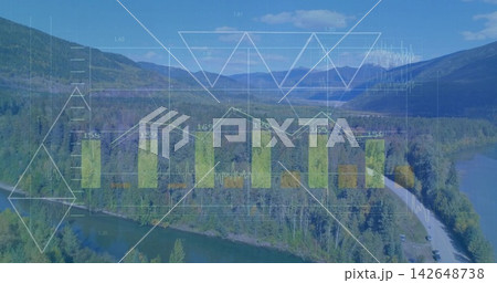 Displaying aerial river-valley scene merging evergreen canopy, river bend, roadside cars and charts Displaying aerial river-valley scene merging evergreen canopy, river bend, roadside cars and charts 142648738