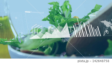 Showing white bowl holding greens on studio table, with wooden spoon and data charts, map overlays Showing white bowl holding greens on studio table, with wooden spoon and data charts, map overlays 142648758