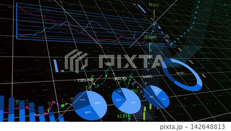 Showing 3D dashboard floating on dark grid, with blue pies, donut, bars, lines, candles 142648813