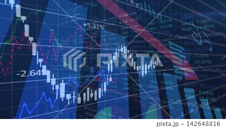 Displaying market chart on trading screen with candles, colored lines, percents and red arrow 142648816