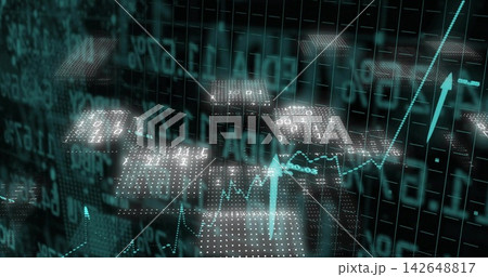 Displaying 3D data visual rising in virtual dashboard, with dotted platforms and numeric overlays 142648817