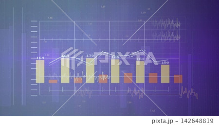 Displaying multi-series chart on purple gradient, with grouped bars, trend lines and numeric labels 142648819