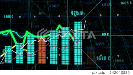 Displaying turquoise bars featuring orange bar, spiking white green pink lines on dark screen ¥£¢ 142648820