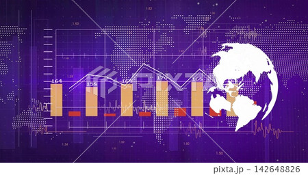 Displaying dashboard showing five orange bars, white polyline, labels and globe on purple grid Displaying dashboard showing five orange bars, white polyline, labels and globe on purple grid 142648826