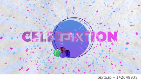 Displaying CELEBRATION word over blue badge on paper background, with gifts, confetti, light beams 142648935