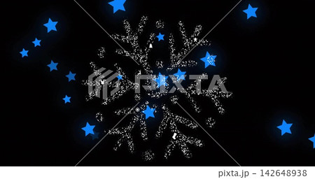Radiating central white burst on black backdrop sending blue 5-star shapes, halos and dots Radiating central white burst on black backdrop sending blue 5-star shapes, halos and dots 142648938