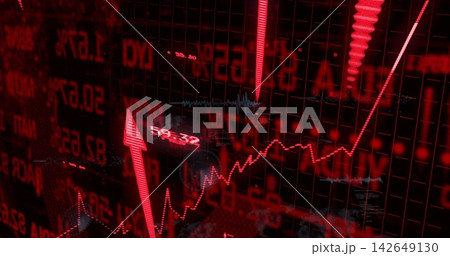 Displaying red jagged line chart tracing volatility on trading dashboard, showing large red arrow Displaying red jagged line chart tracing volatility on trading dashboard, showing large red arrow 142649130