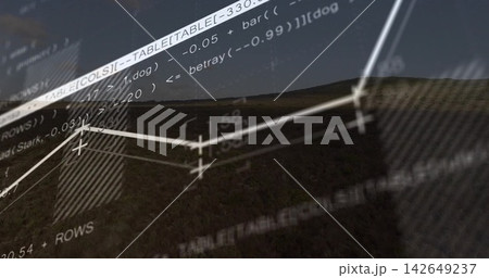Data overlay rising over dusk hill, dusk light initiating line chart visualizing analytics and code 142649237