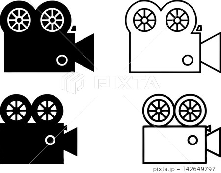 Vintage film camera icons in black and white line art style Vintage film camera icons in black and white line art style 142649797