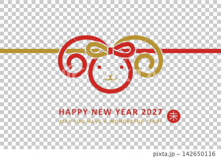 2027 Year of the Sheep New Year's Card Design: Cute red and gold sheep face in a mizuhiki (decorative cord) style 2027 Year of the Sheep New Year's Card Design: Cute red and gold sheep face in a mizuhiki (decorative cord) style 142650116