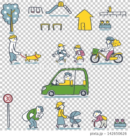 住宅街の生活道路を行き交う人々 法定速度30キロ改正で守る交通安全 セットイラスト 住宅街の生活道路を行き交う人々 法定速度30キロ改正で守る交通安全 セットイラスト 142650626