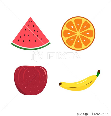 Fruit illustration featuring watermelon, orange, apple, and banana, ideal for food designs, healthy lifestyle projects, menus, posters, packaging, and educational content. Fruit illustration featuring watermelon, orange, apple, and banana, ideal for food designs, healthy lifestyle projects, menus, posters, packaging, and educational content. 142650687