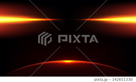 Abstract sci fi background glowing orange laser beams lens flare floating sparkles and rising fiery red planet horizon on dark cosmic space vector, futuristic tech cover design 142651330