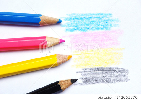 cmyk concept - wooden crayon texture with cyan blue red magenta yellow and black drawings on white paper background cmyk concept - wooden crayon texture with cyan blue red magenta yellow and black drawings on white paper background 142651370